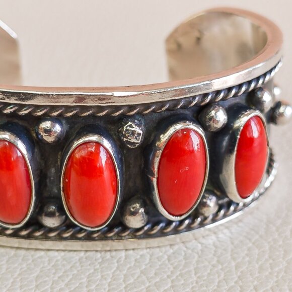 Navajo 900 Silver Cuff with Mediterranean Red Coral - Picture 7 of 8